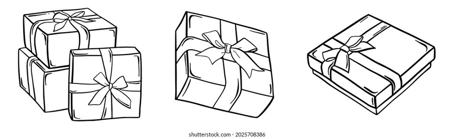 Present box in sketch. Gift box in doodle. Hand drawn Christmas package. Outline style