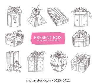 Present box sketch illustrations set. Cute hand-drawn icons. Eps10 vector.