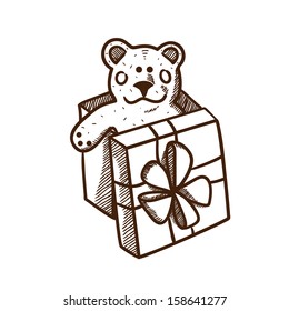 Present box with teddy bear. Christmas and New year design element isolated on white