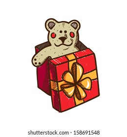 Present box with teddy bear. Christmas and New year design element isolated on white