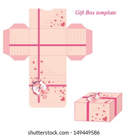 Present box template with ribbon and hearts. Vector illustration.