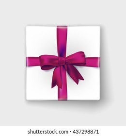 present box top with cherry red bow and ribbons. Vector illustration

