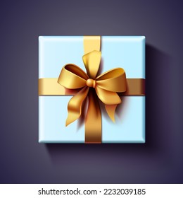 Present box top with golden bow and ribbons. View from above. Vector illustration