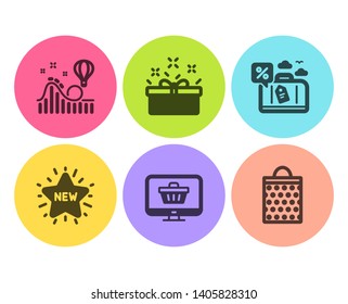 Present box, Travel loan and New star icons simple set. Web shop, Roller coaster and Shopping bag signs. Sale offer, Trip discount. Holidays set. Flat present box icon. Circle button. Vector