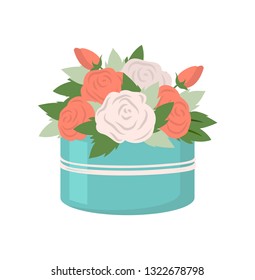 Present in box vector, isolated icon of blue rounded package with flowers. Packet of bouquet, roses with leaves of different shape, flat style drawing