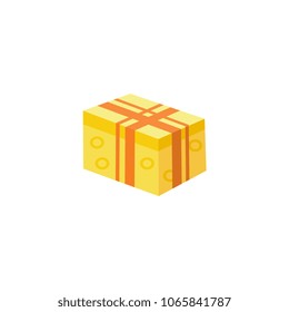 Present box with yellow wrapping, orange ribbon. Birthday party, anniversary celebration, new year christmas, valentine day xmas holiday invatation greeting card design vector illustration
