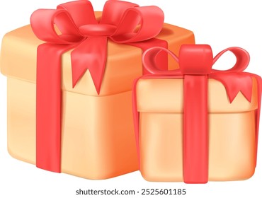 Present boxes 3d icon. Surprise gift with red bow isolated on white background