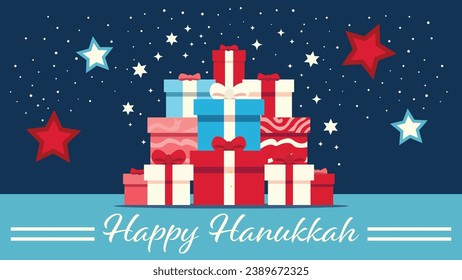 Present boxes abound in a joyous Hanukkah scene. A Happy Hanukkah greeting adds warmth to this festive and gift-filled vector illustration.