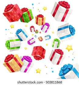 Present Boxes Background Holiday Birthday. Tradition To Congratulate. Vector illustration Can Be Used For Celebration, Party, Anniversary. Flying gift and stars for Christmas flyer