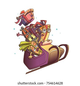 Present boxes characters are sledding and having fun time. Vector illustration