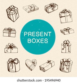 Present boxes collection. Hand drawn vintage style. Eps 10 vector illustration.