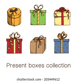 Present boxes collection. Sketch objects isolated on white. Eps 10 vector illustration.