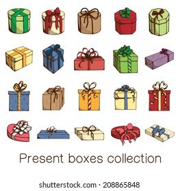 Present boxes collection. Sketch objects isolated on white. Eps 10 vector illustration.