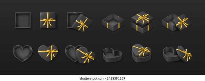 Present boxes with golden ribbons realistic vector illustration set. Packaging for exclusive festive gift 3d elements on black background