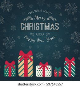 Present boxes and greeting text. Holiday card template. Retro style for Christmas and New Year design.