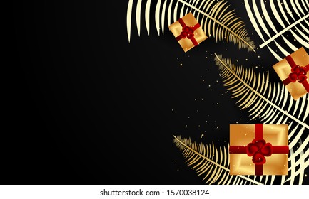 Present boxes on Christmas golden twigs creative background