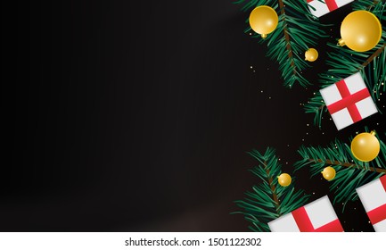 Present boxes on christmas twigs and balls decorative background