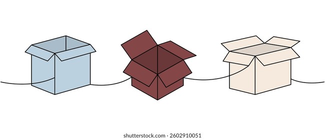 Present boxes one line colored continuous drawing. Package cardboard boxes. Vector illustration.