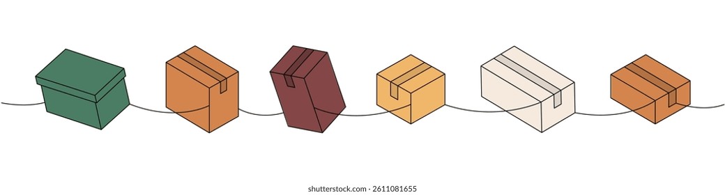 Present boxes one line colored continuous drawing. Cardboard boxes. Vector illustration.