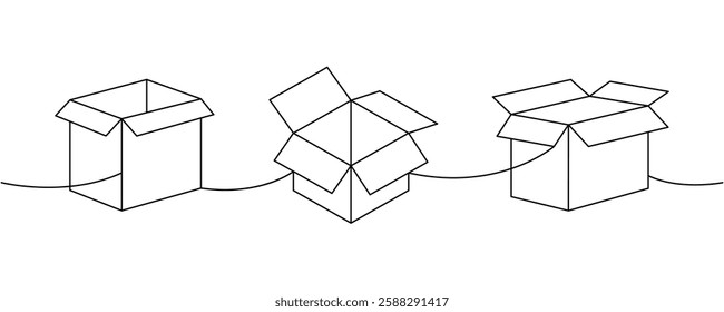 Present boxes one line continuous drawing. Package cardboard boxes. Vector illustration.