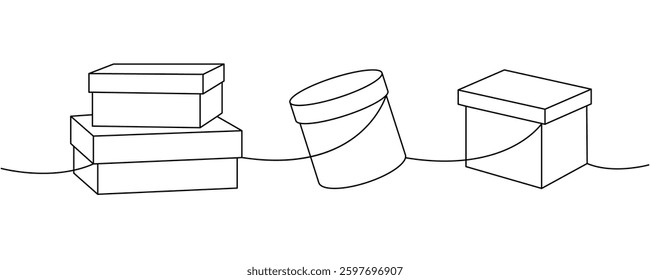 Present boxes one line continuous drawing. Carton delivery boxes. Vector illustration.