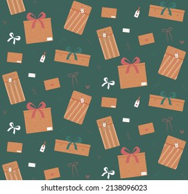 Present boxes pattern. Cute modern brown gift box, package, envelope with prints and ribbons on a green background. Vector illustration in flat style.