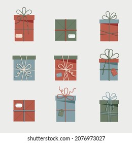 Present boxes set, cute colorful Christmas gifts collection. Modern design. Vector illustration in cartoon flat style.