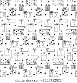 Present boxes, stars, dots and hearts seamless in black on white. Hand drawn pattern for fashion graphics (all-over print), home decor (wallpaper, tablecloths, bedclothes), wrapping paper and covering