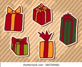 Presente boxex, diseño de doodle de Navidad dibujado a mano conjunto. Las vacaciones de invierno saludan los artículos de la tarjeta sobre el fondo marrón vintage texturizado a rayas. Ilustración vectorial.