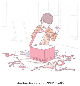 
Present boy. Portrait of adorable boy with gift boxes.  looking into with a feeling of expectation, happy, smiling. Hand drawn illustration vector style.