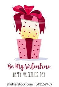 Present bright colorful, with a bow and a geometrical pattern hearts. Congratulation to the Valentine's Day. Vector illustration.From the gift box fly hearts.In love.