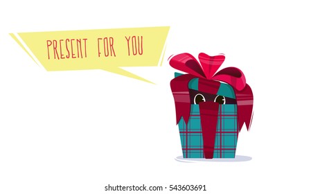 Present bright colorful, with a bow and a geometrical pattern. From outdoor swimming caps peeping eyes. Congratulation to the holiday. Animal surprise. Vector illustration.