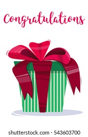 Present bright colorful, with a bow and a geometrical pattern. Congratulation to the holiday. Vector illustration.
