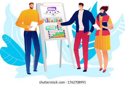 Present business plan character male female discuss start up company schedule isolated on white, flat vector illustration. Modern group people conversation industry programme, concept time management.