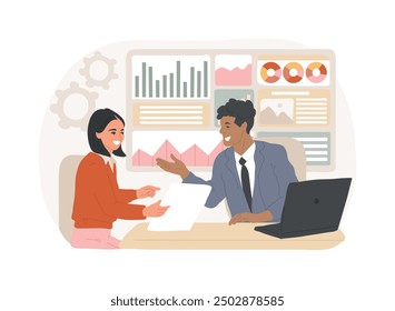 Present business plan isolated cartoon vector illustrations. Woman presents new business plan to manager, brainstorming process, discussing startup, cooperation and communication vector cartoon.