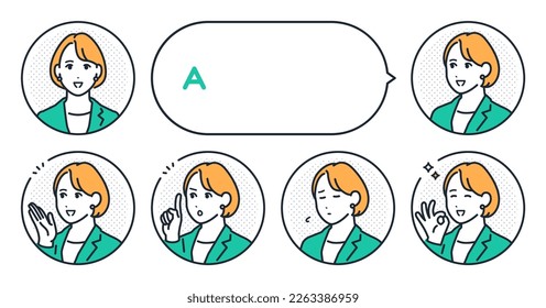 Present business woman's simple face icon and speech bubble trance illustration set material