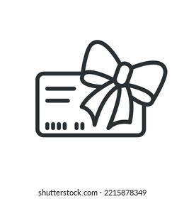 Present card with bow line icon. Bank gift card. Money for holiday, vacation. Vector illustration on transparent background
