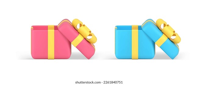 Present cardboard box wrapped container with open cap bow ribbon 3d icon set realistic vector illustration. Gift greeting holiday congratulations shopping sale discount clearance creative prize decor
