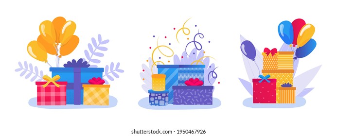 Present for celebration day, packaging decoration, ribbon bow at box set, vector illustration. Cartoon gift with wrap paper, isolated on white