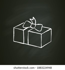 Present chalk icon. Gift box with bow ribbon. Holiday congratulation, surprise concept. Holiday offer. Christmas, new year, birthday celebration symbol. Editable vector illustration on chalkboard