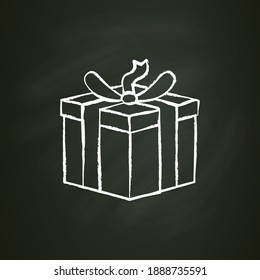 Present chalk icon. Gift box with bow ribbon. Holiday congratulation, surprise concept. Holiday offer. Christmas, new year, birthday celebration symbol. Editable vector illustration on chalkboard