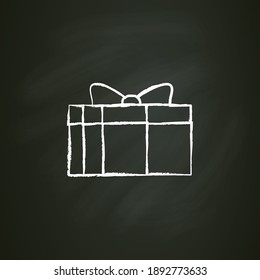 Present chalk icon. Gift box with bow ribbon. Holiday congratulation, surprise concept. Holiday offer. Christmas, new year, birthday celebration symbol. Editable vector illustration on chalkboard