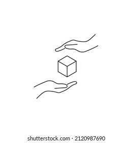 Present, charity, giving concept. Outline monochrome symbols drawn in flat style. Suitable for articles, advertisements, books etc. Line icon of cube between outstretched hands