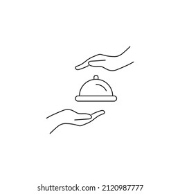 Present, charity, giving concept. Outline monochrome symbols drawn in flat style. Suitable for articles, advertisements, books etc. Line icon of bowl with cloche between outstretched hands