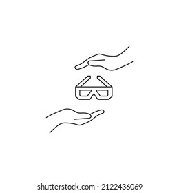 Present, charity, giving concept. Outline monochrome symbols drawn in flat style. Suitable for articles, advertisements, books etc. Line icon of 3d glasses between outstretched hands