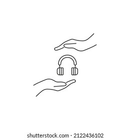 Present, charity, giving concept. Outline monochrome symbols drawn in flat style. Suitable for articles, advertisements, books etc. Line icon of headphones between outstretched hands
