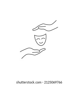 Present, charity, giving concept. Outline monochrome symbols drawn in flat style. Suitable for articles, advertisements, books etc. Line icon of theatrical mask between outstretched hands