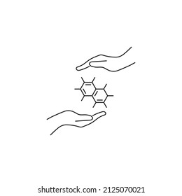 Present, charity, giving concept. Outline monochrome symbols drawn in flat style. Suitable for articles, advertisements, books etc. Line icon of chemical compound between outstretched hands