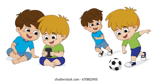 Present children addicted to playing game at home.They don't like to play sports.vector and illustration.