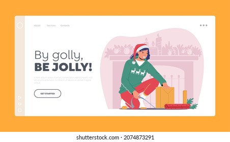 Present for Christmas and New Year Landing Page Template. Woman Wrapping Box with Decorative Paper and Bow. Female Character wear Xmas Sweater and Santa Hat Packing Gifts. Cartoon Vector Illustration